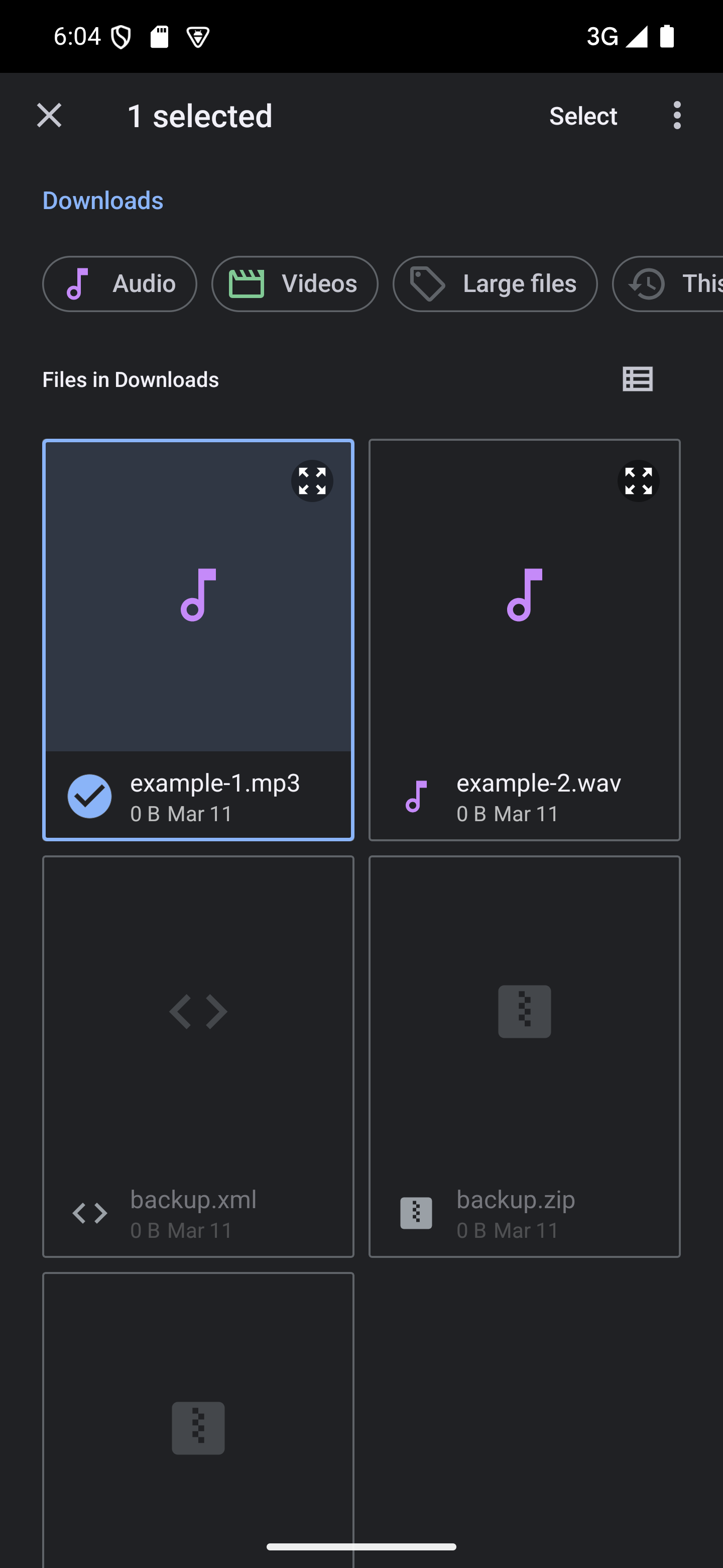 Long-press the files you want to import A file picker with one file selected