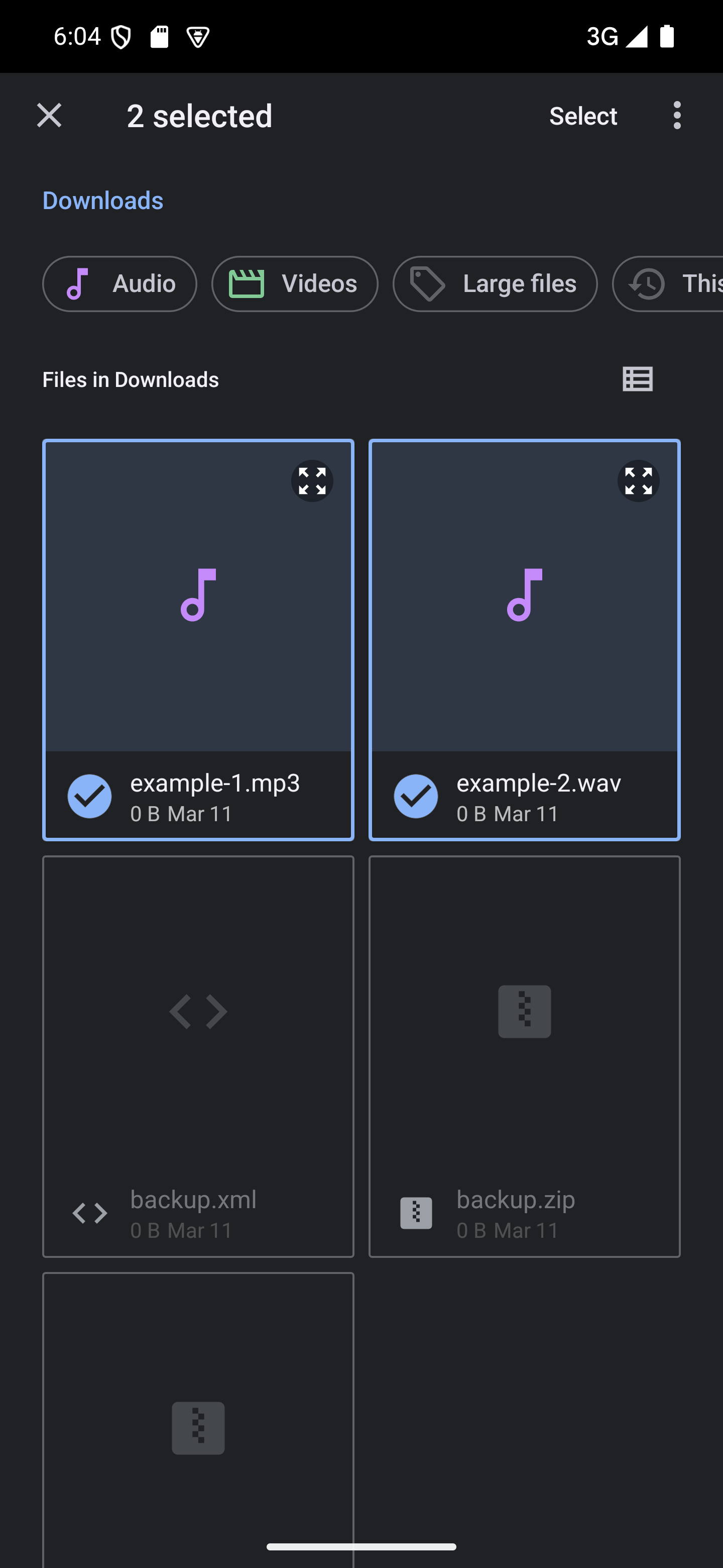 Select more files by tapping them A file picker with two files selected