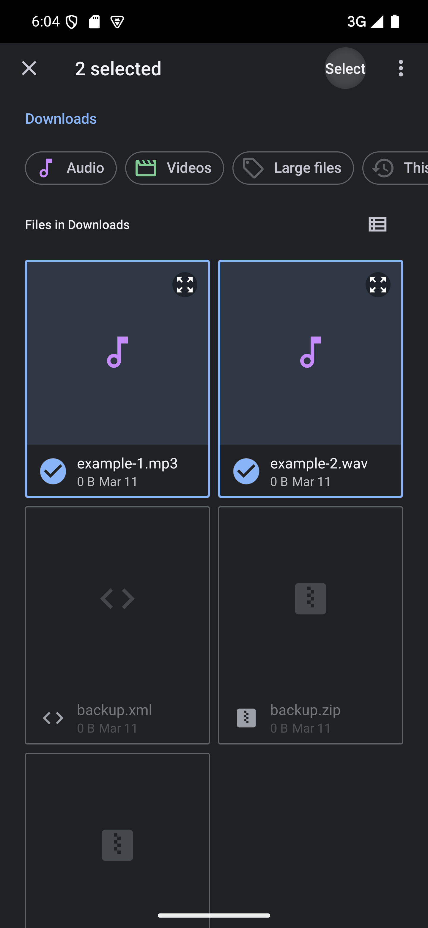 Tap "Select" to add the selected files to your soundboard A file picker with two files selected and the "Select" button highlighted