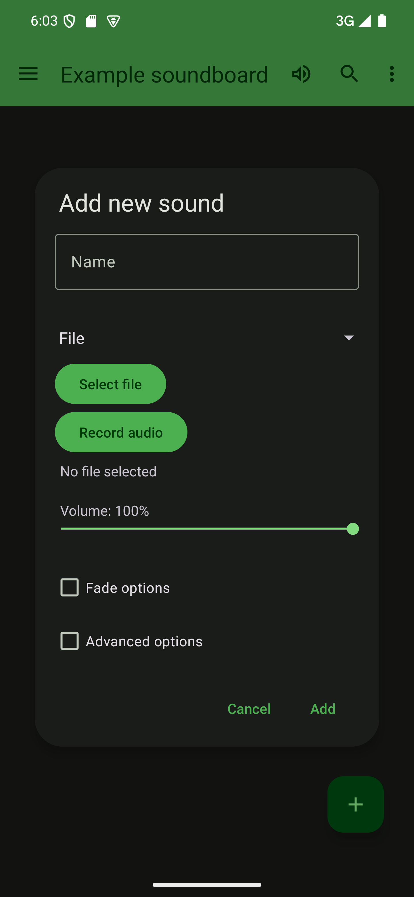 Tapping the + button opens the dialog to add a sound A dialog to add a sound