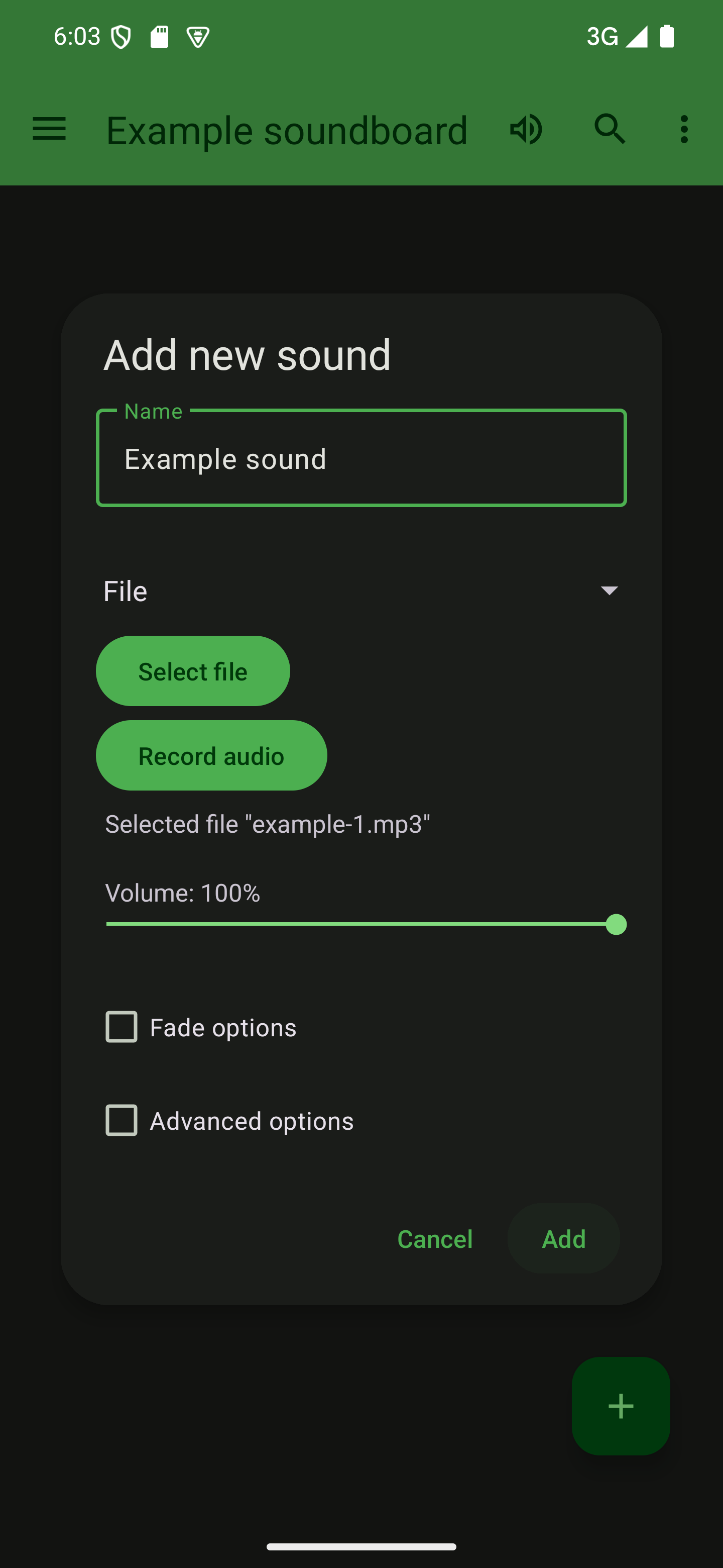 Tap "Add" to add the new sound to your soundboard A dialog to add a sound with the "Add" button pressed