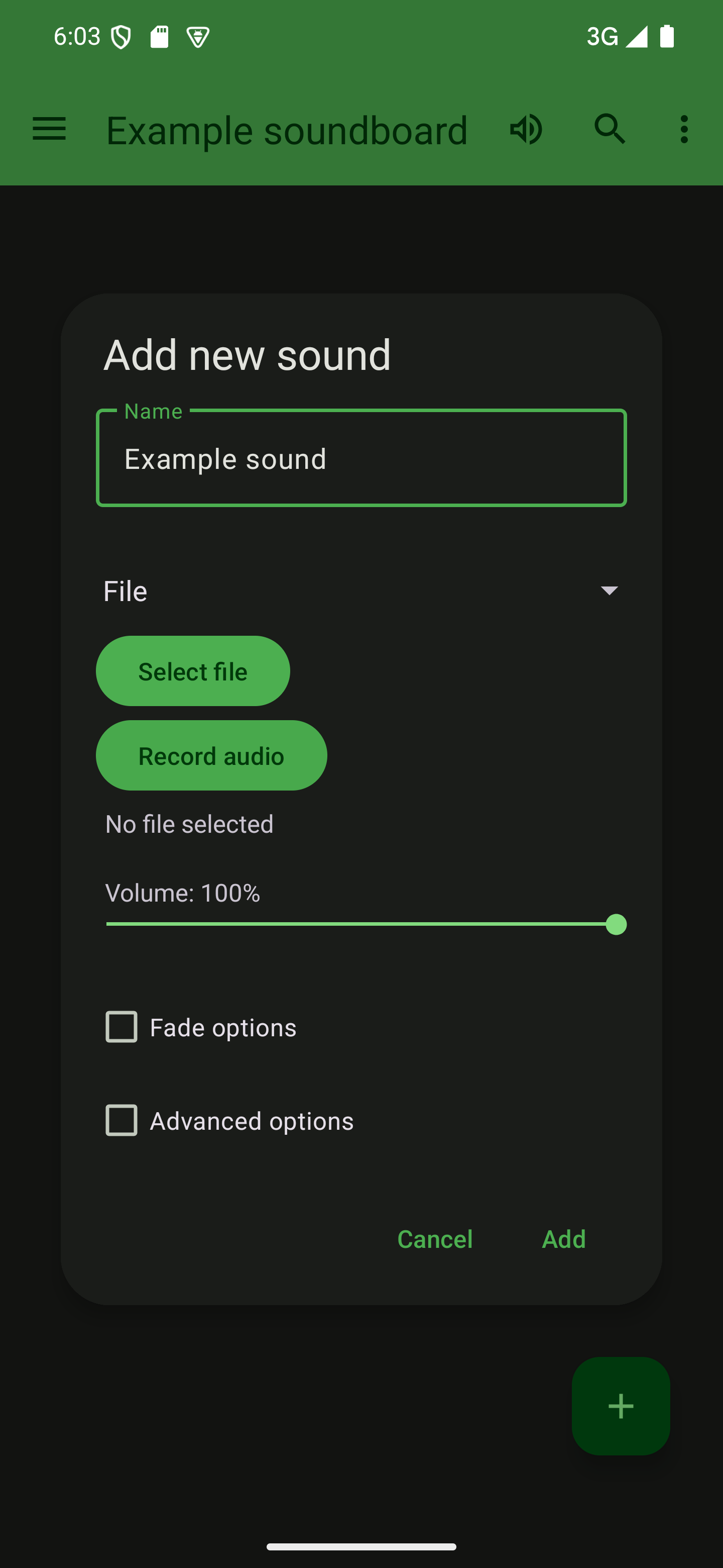 Press "Record audio" to record your sound and "Stop recording" when you're done A dialog to add a sound with the "Record audio" button highlighted