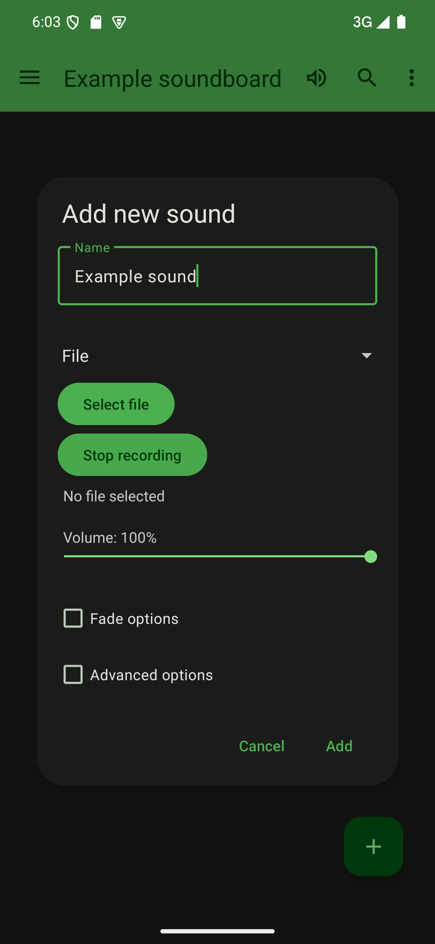 Press "Record audio" to record your sound and "Stop recording" when you're done A dialog to add a sound with the "Stop recording" button highlighted