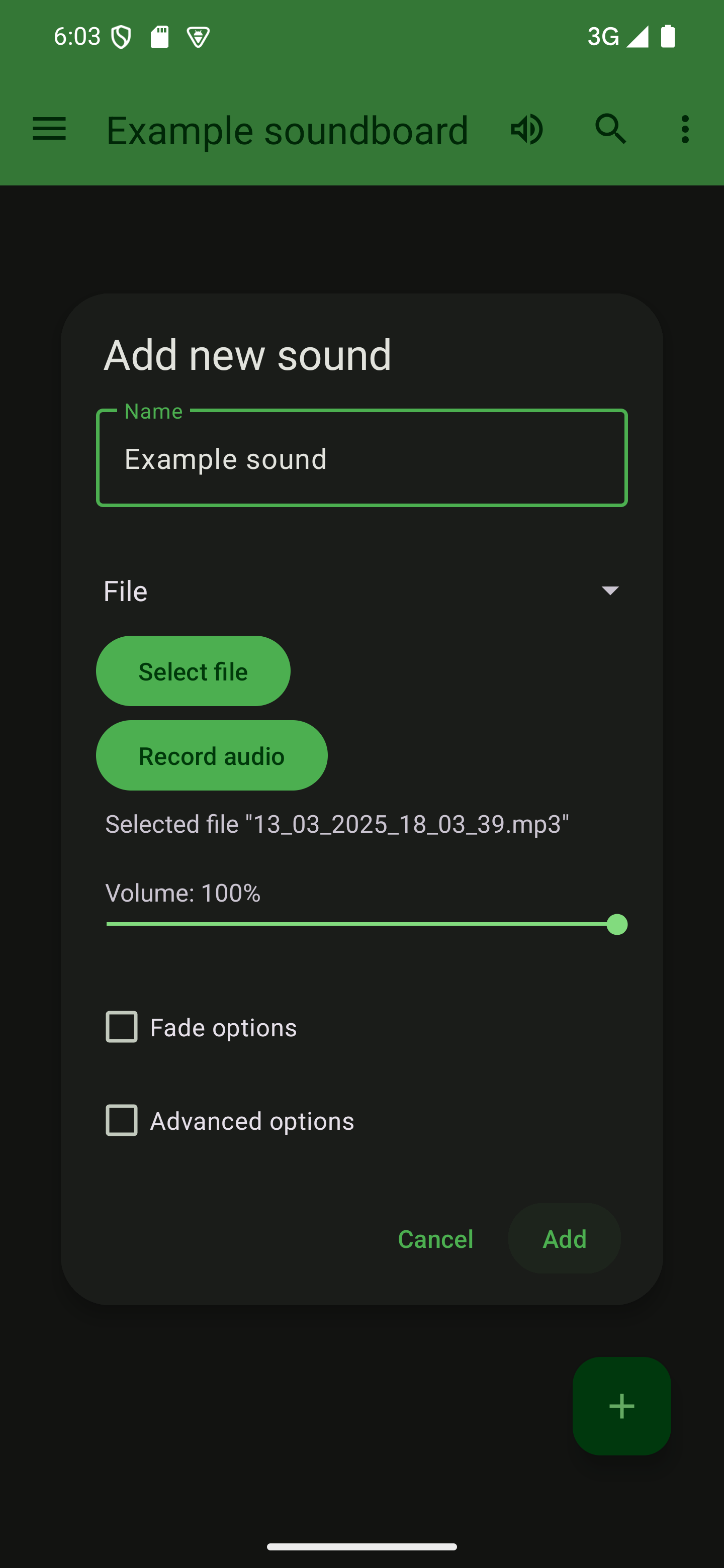 Tap "Add" to add the new sound to your soundboard A dialog to add a sound with the "Add" button pressed