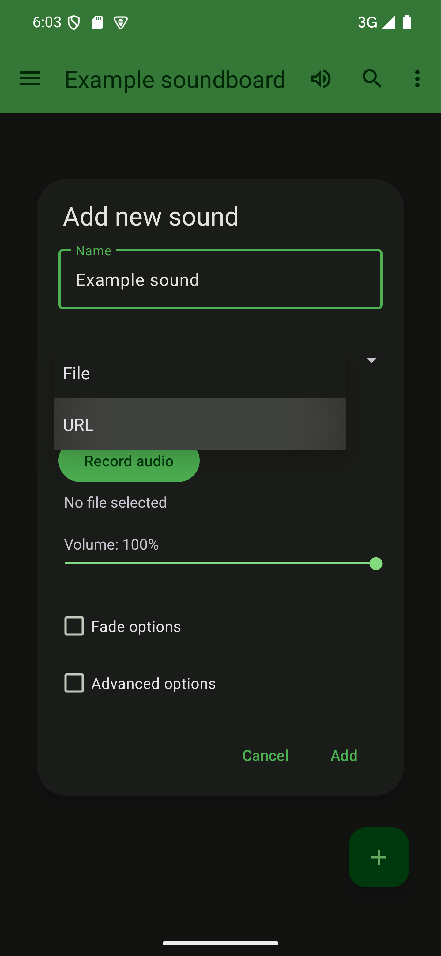 Set your sound to use a URL as the sound source A dialog to add a sound with the URL type option highlighted
