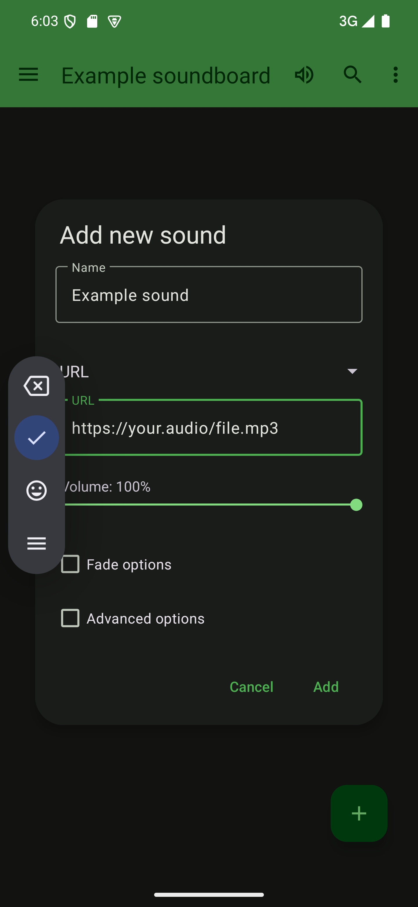 Enter the URL of your sound file A dialog to add a sound with a URL entered