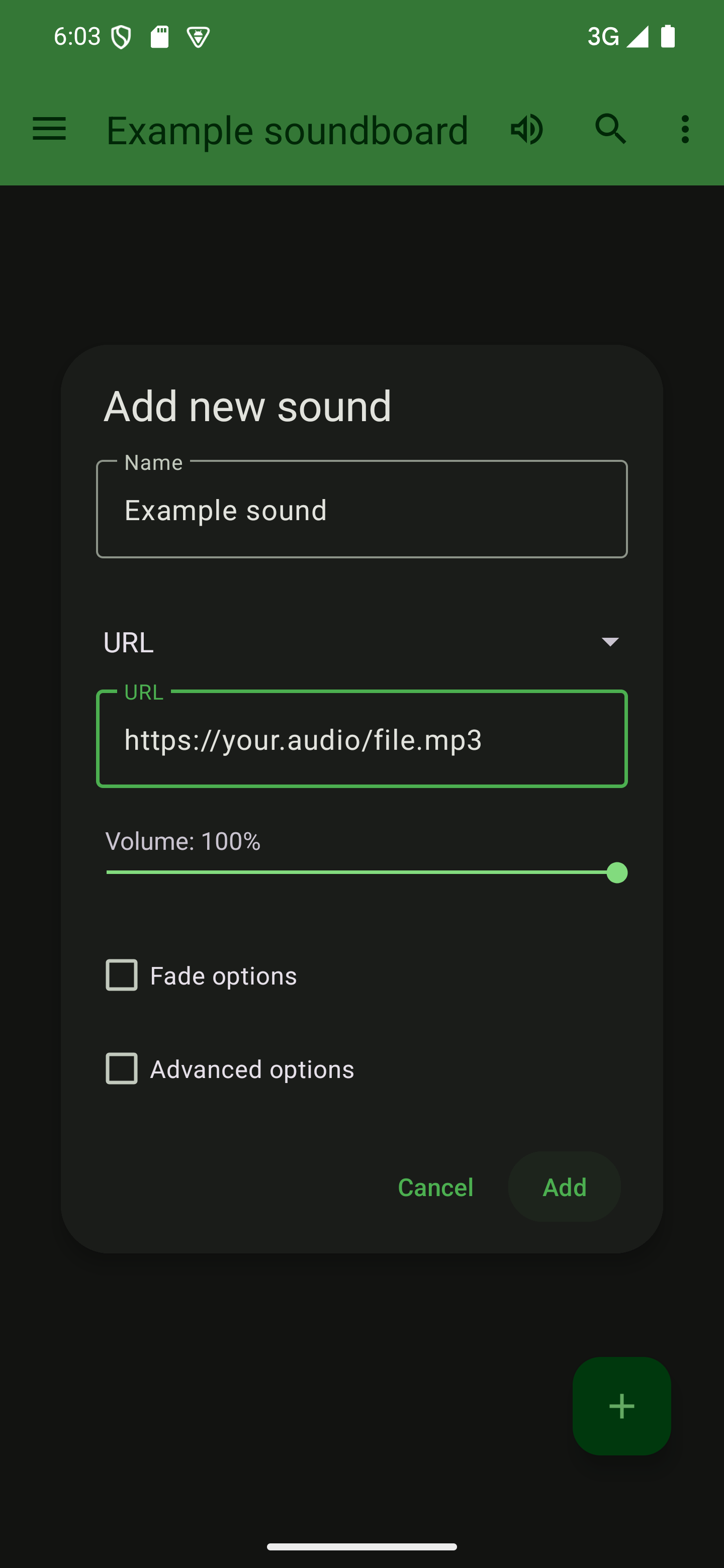 Tap "Add" to add the new sound to your soundboard A dialog to add a sound with the "Add" button pressed