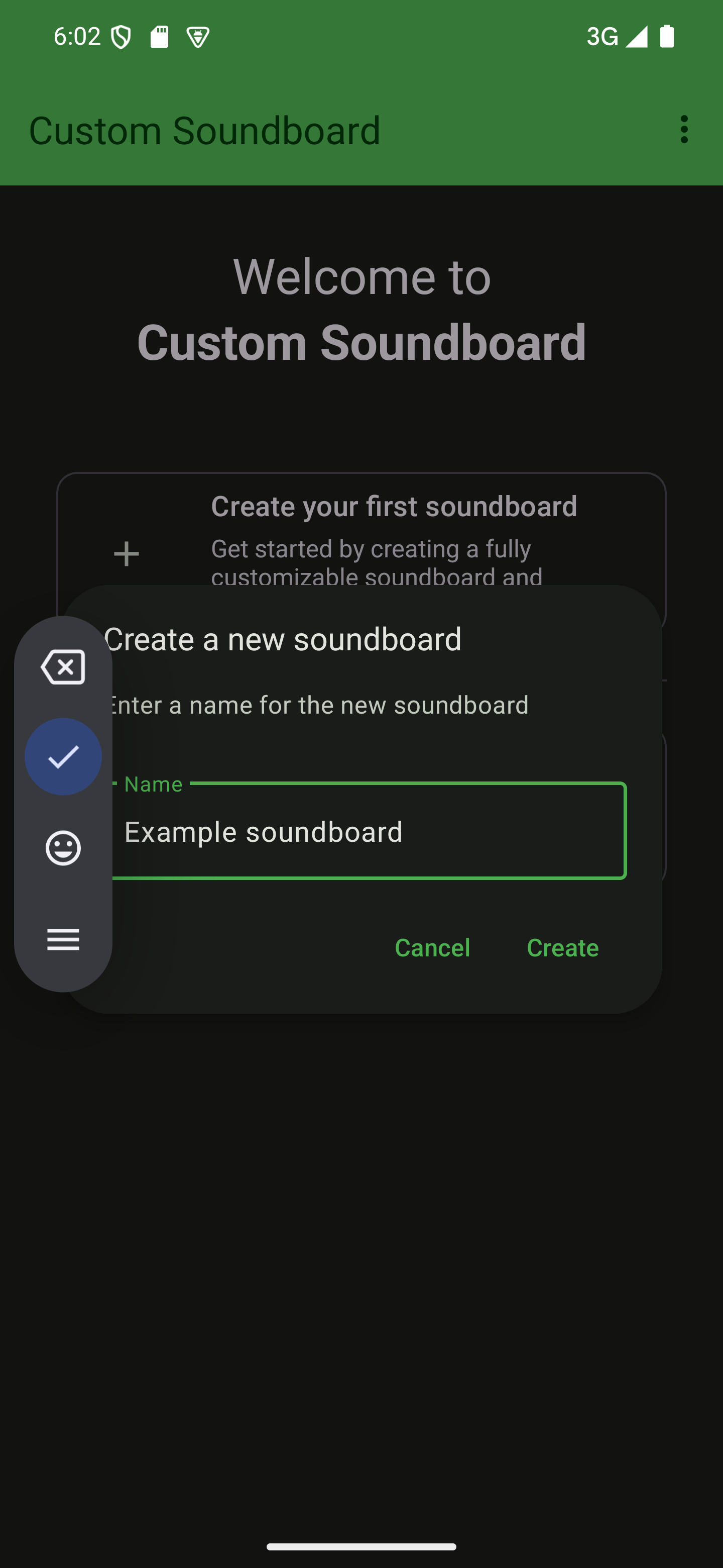 Name your soundboard using the dialog A dialog to enter the new soundboard's name