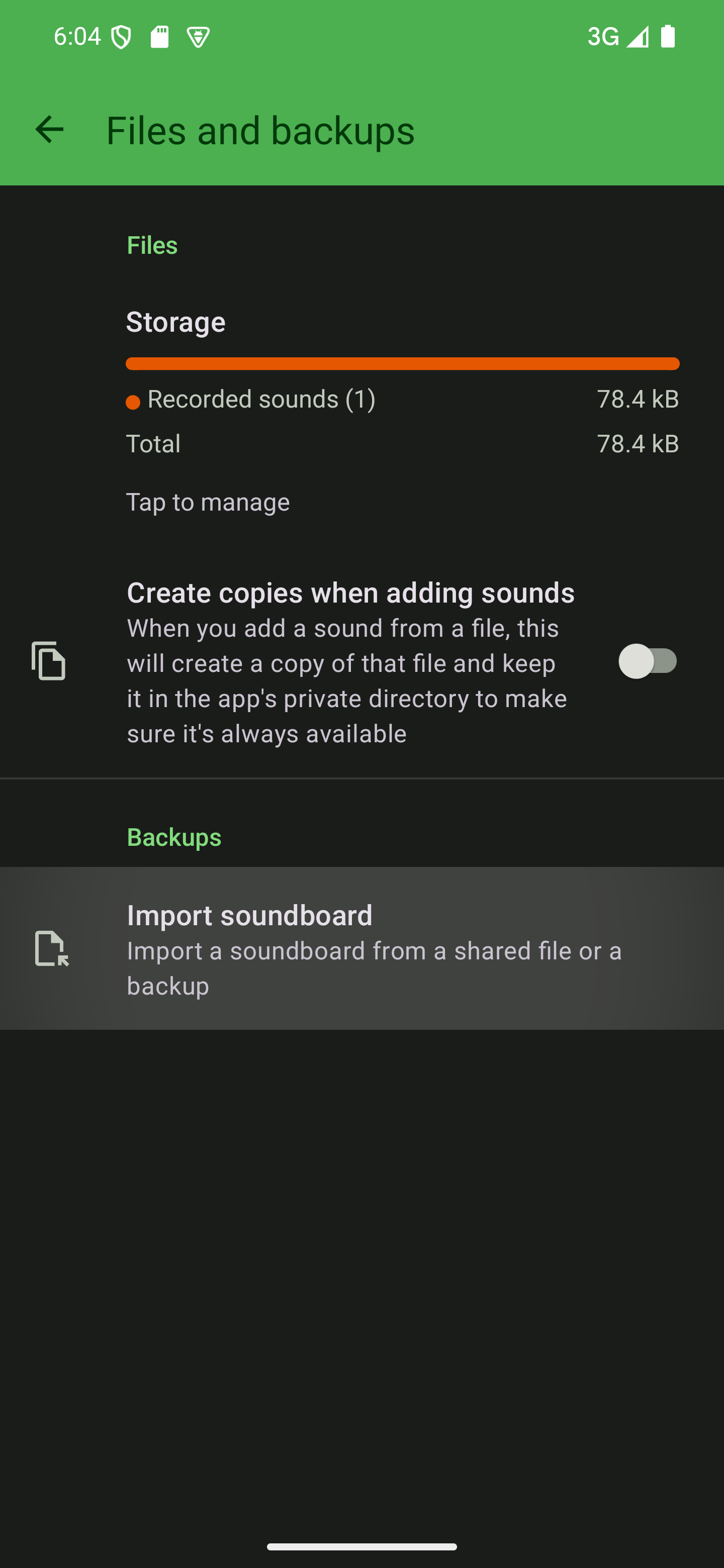 Tap "Import soundboard" and select your backup A settings screen with the "Import soundboard" button highlighted