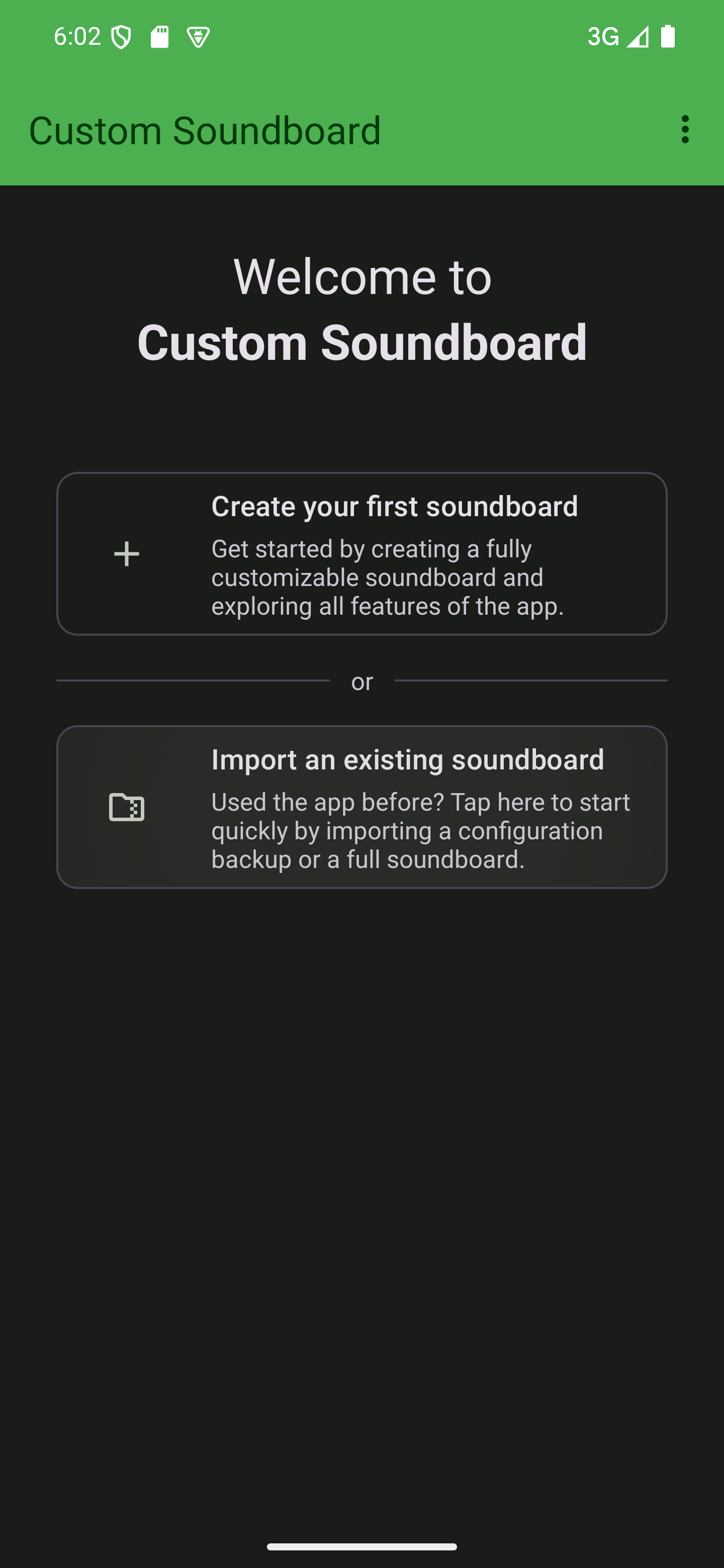 Tap "Import an existing soundboard" to import a backup The app's welcome screen with the backup import option highlighted