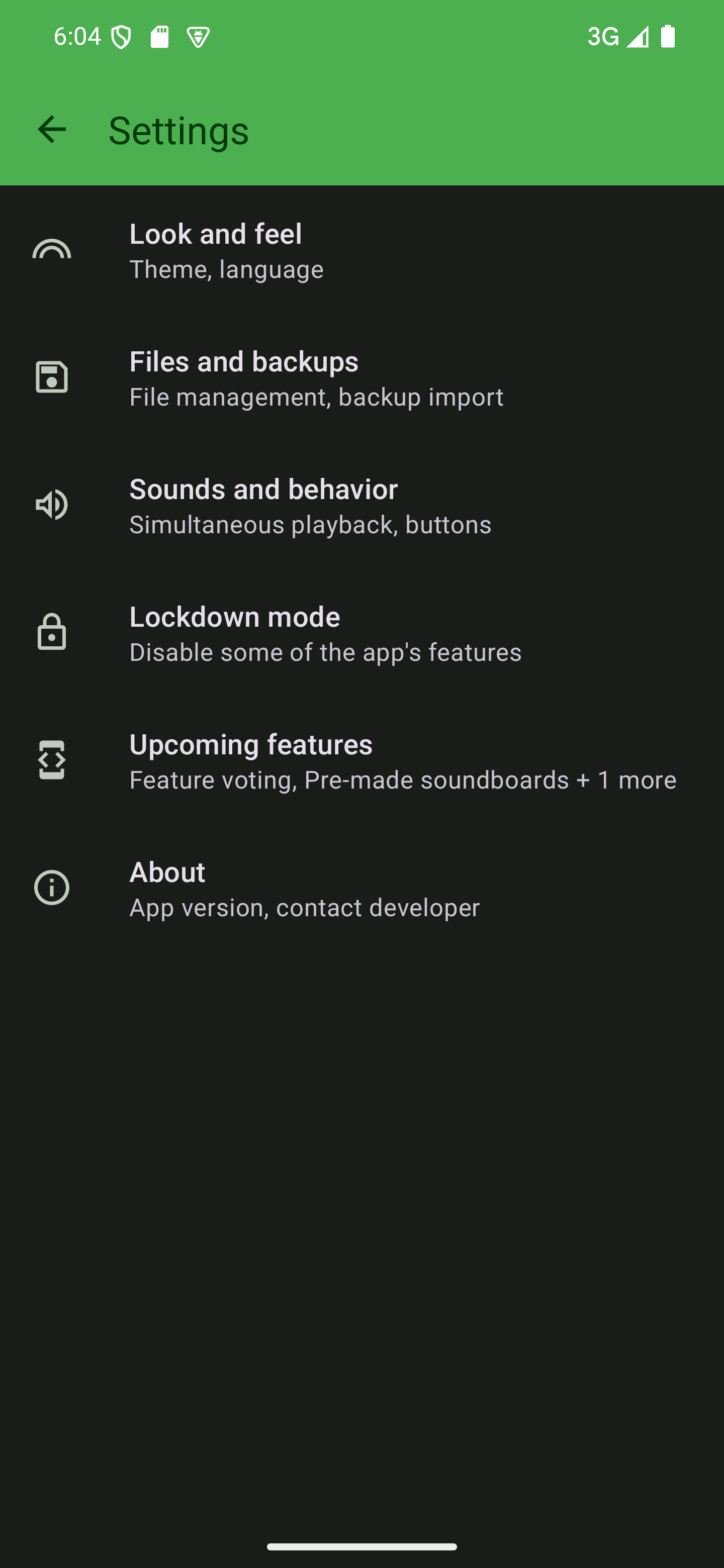 The app's settings screen The app's settings screen