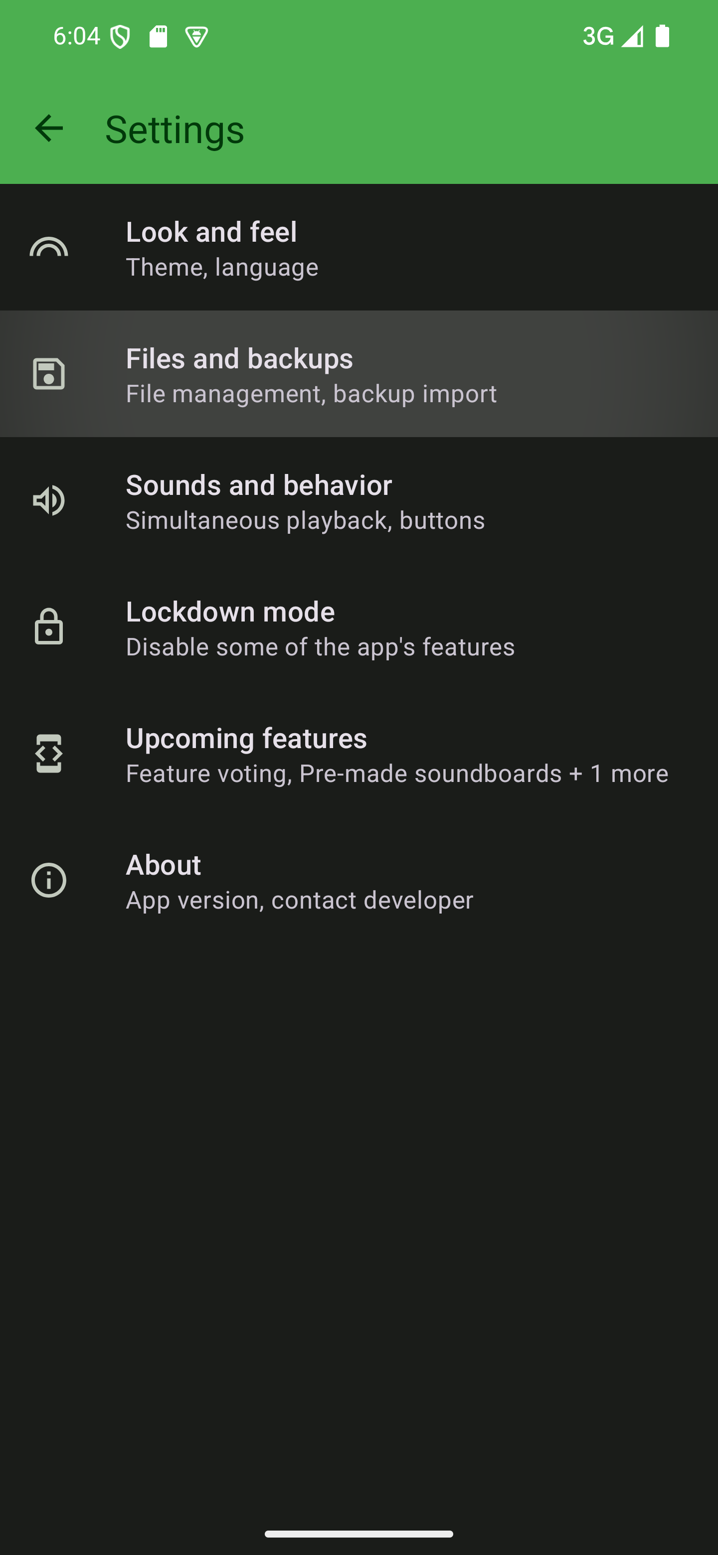 Go to "Files and backups" in the app's settings The app's settings with the "Files and backups" category highlighted