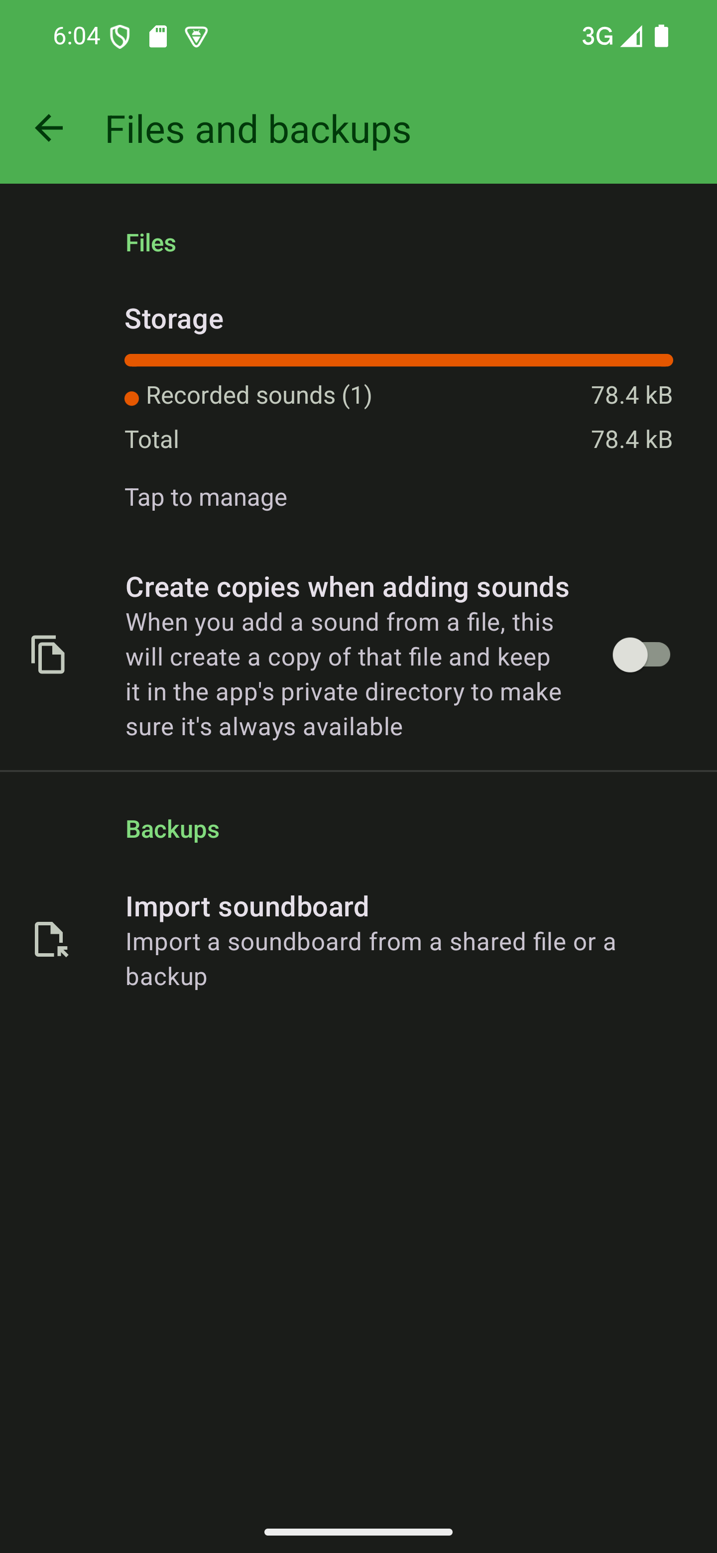 Go to "Files and backups" in the app's settings The "Files and backups" settings page