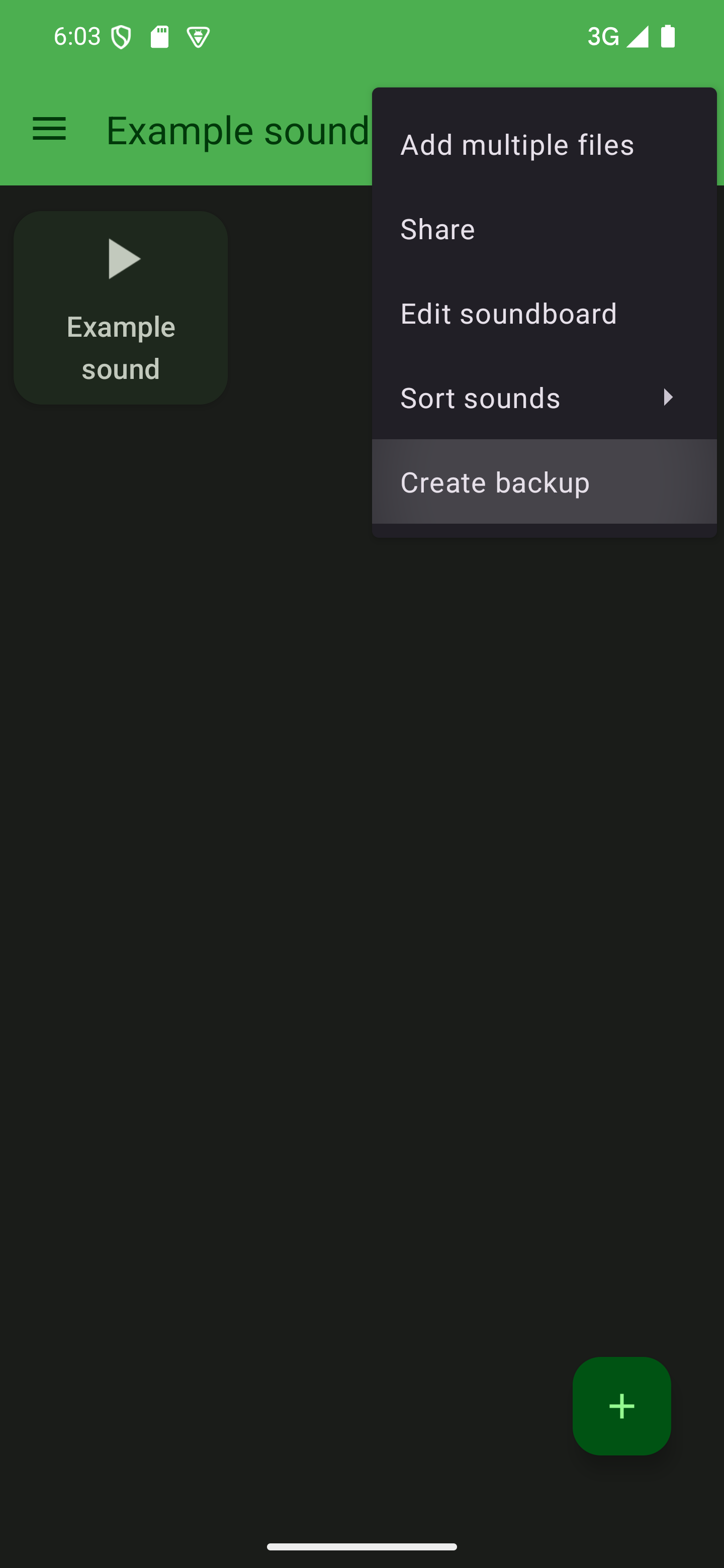 Open the options menu and choose "Create backup" The soundboard options menu with the "Create backup" option highlighted