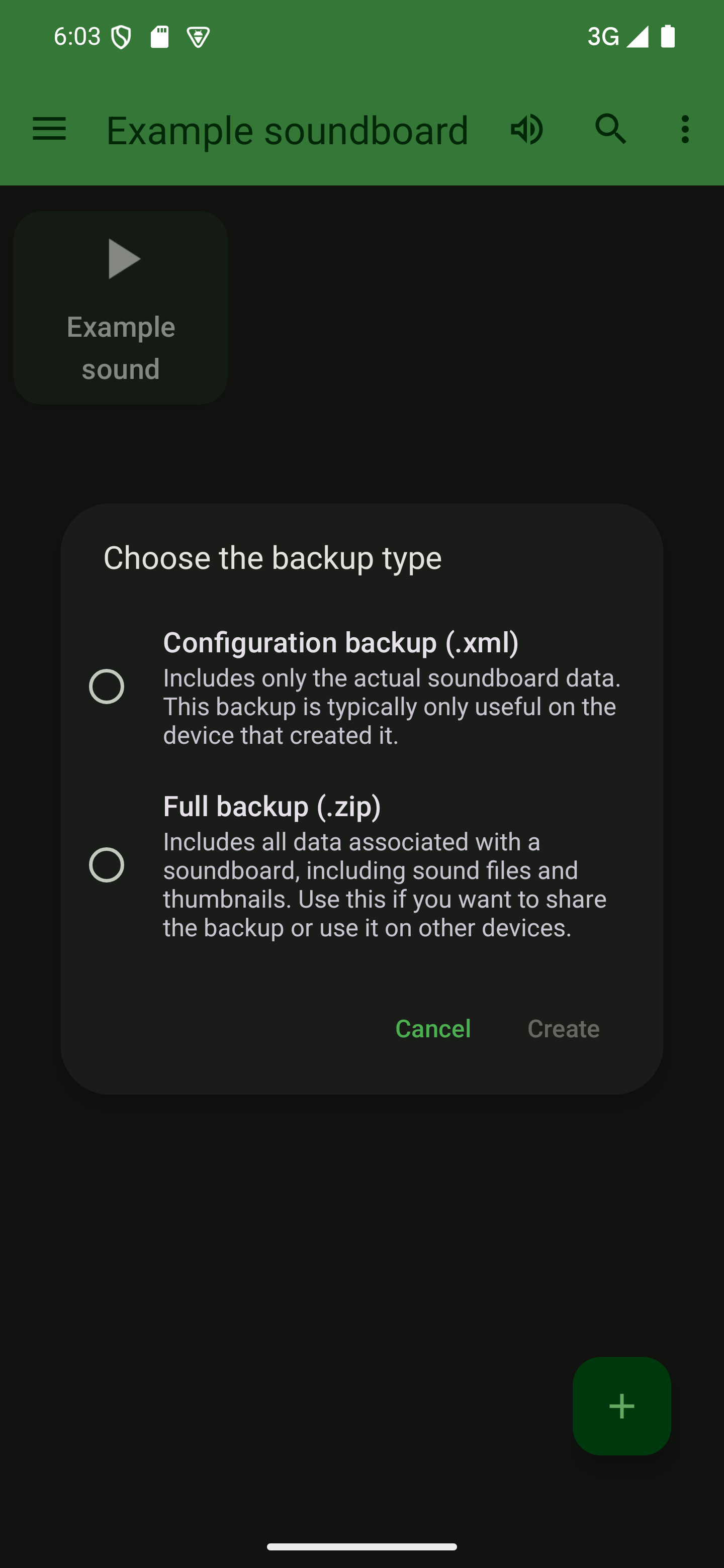 Choose the backup type and tap "Create" A dialog to select the type of backup to create
