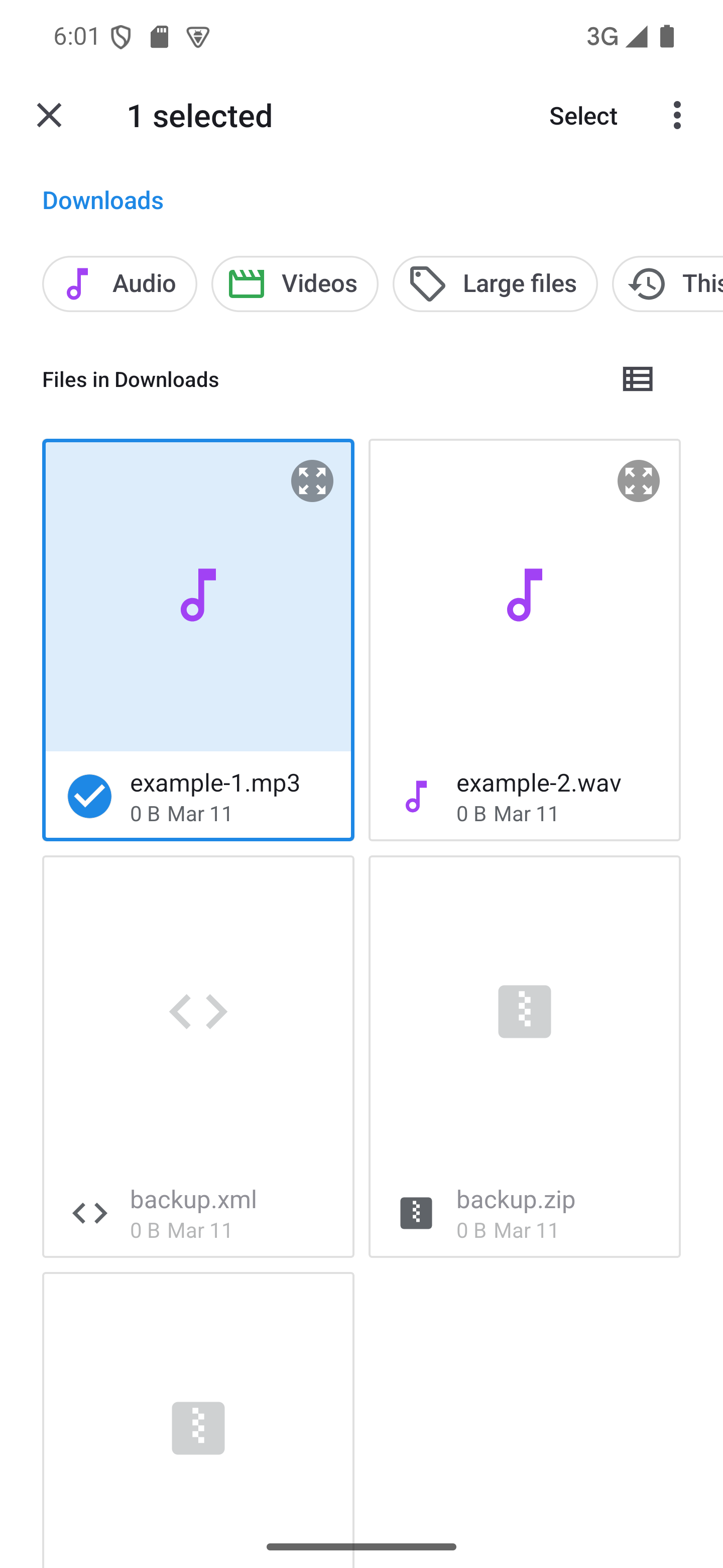Long-press the files you want to import A file picker with one file selected