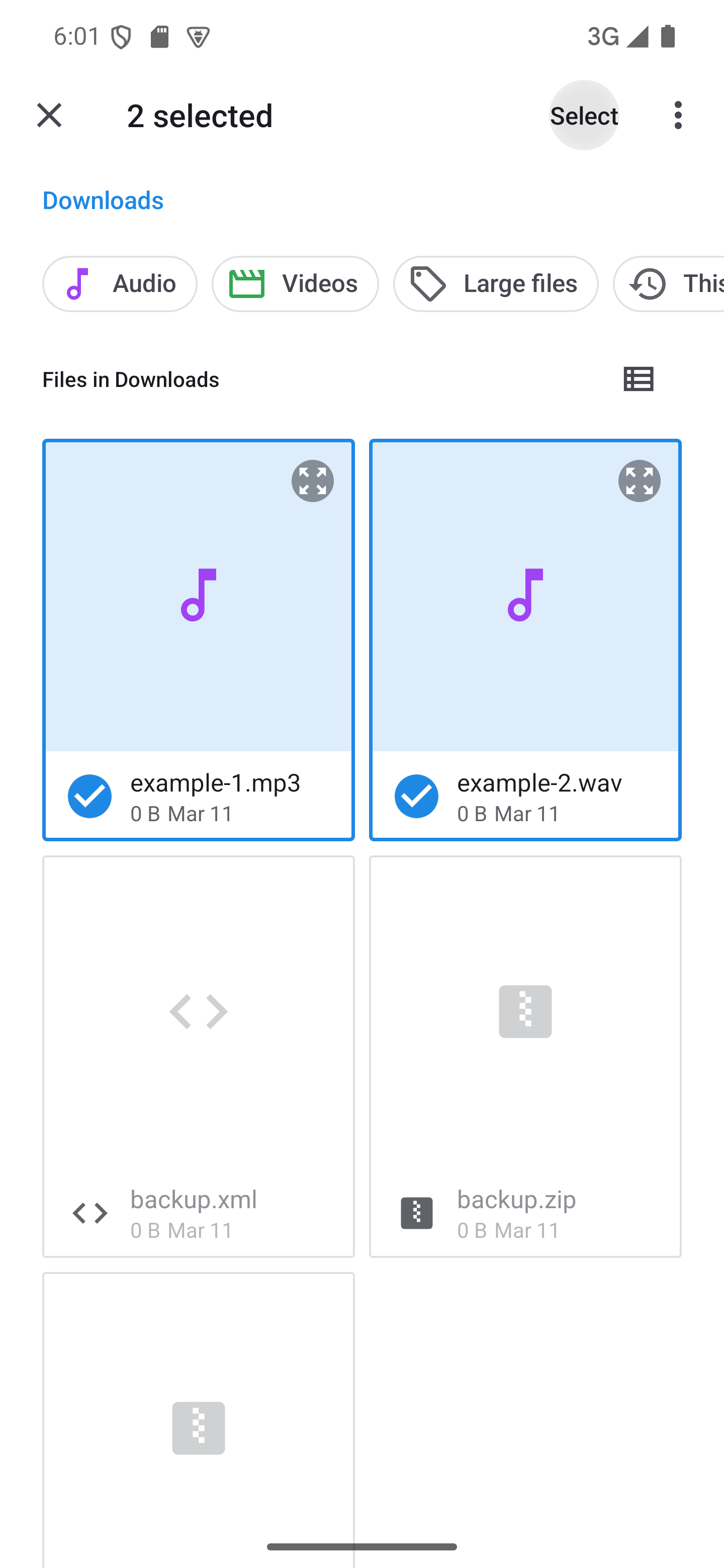 Tap "Select" to add the selected files to your soundboard A file picker with two files selected and the "Select" button highlighted