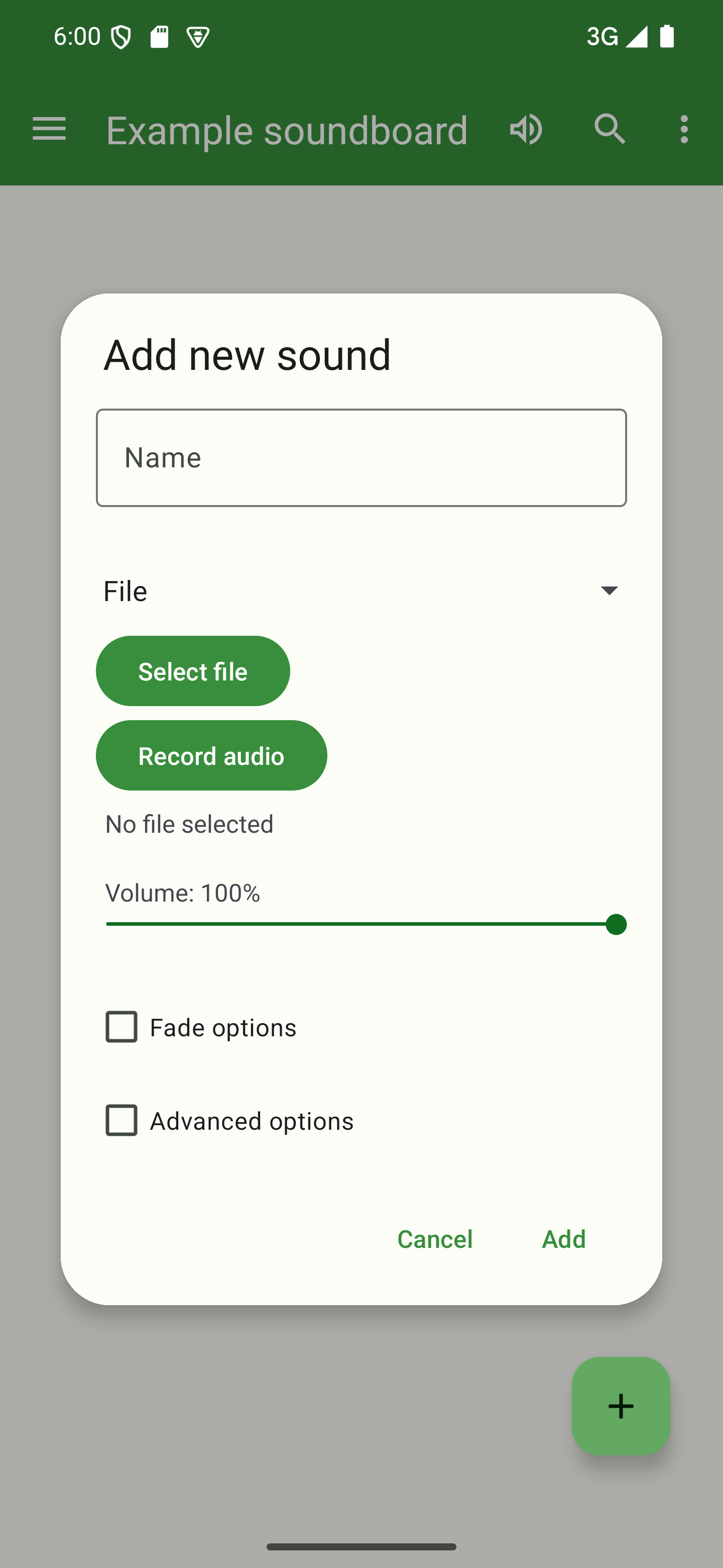 Tapping the + button opens the dialog to add a sound A dialog to add a sound