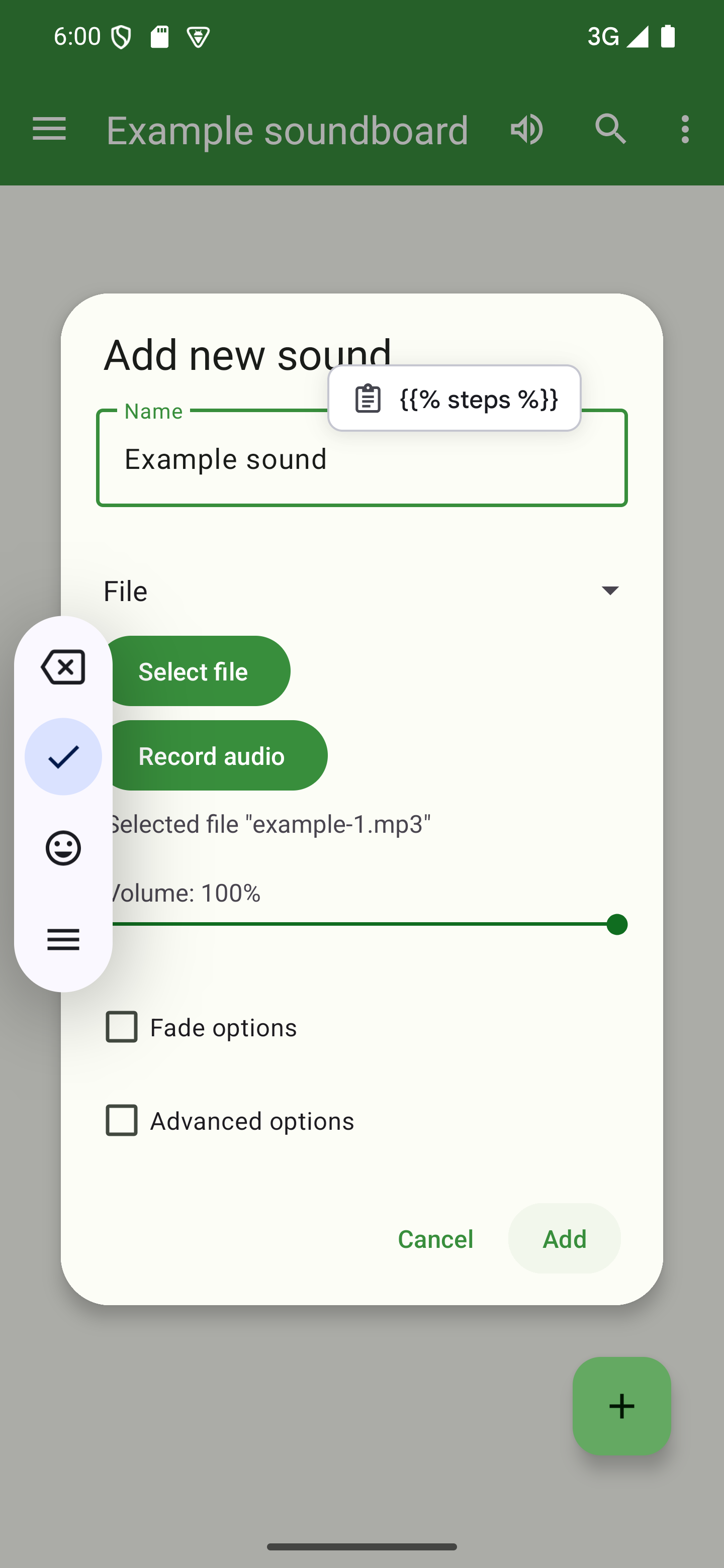 Tap "Add" to add the new sound to your soundboard A dialog to add a sound with the "Add" button pressed