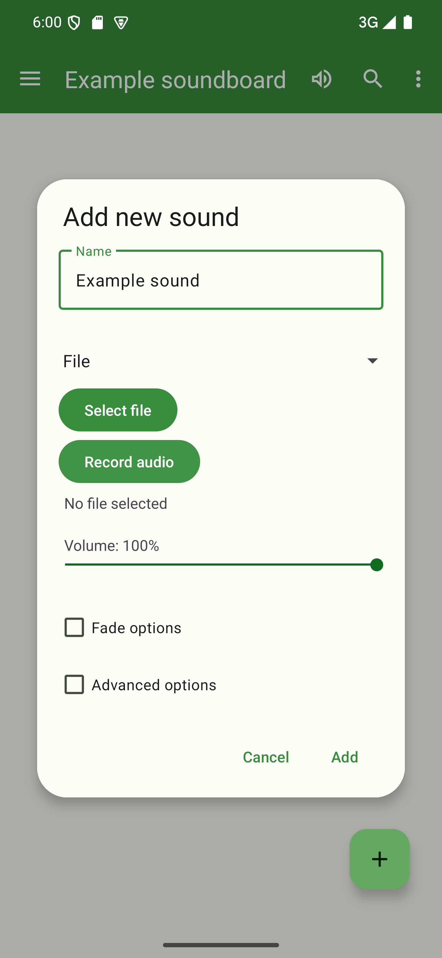 Press "Record audio" to record your sound and "Stop recording" when you're done A dialog to add a sound with the "Record audio" button highlighted