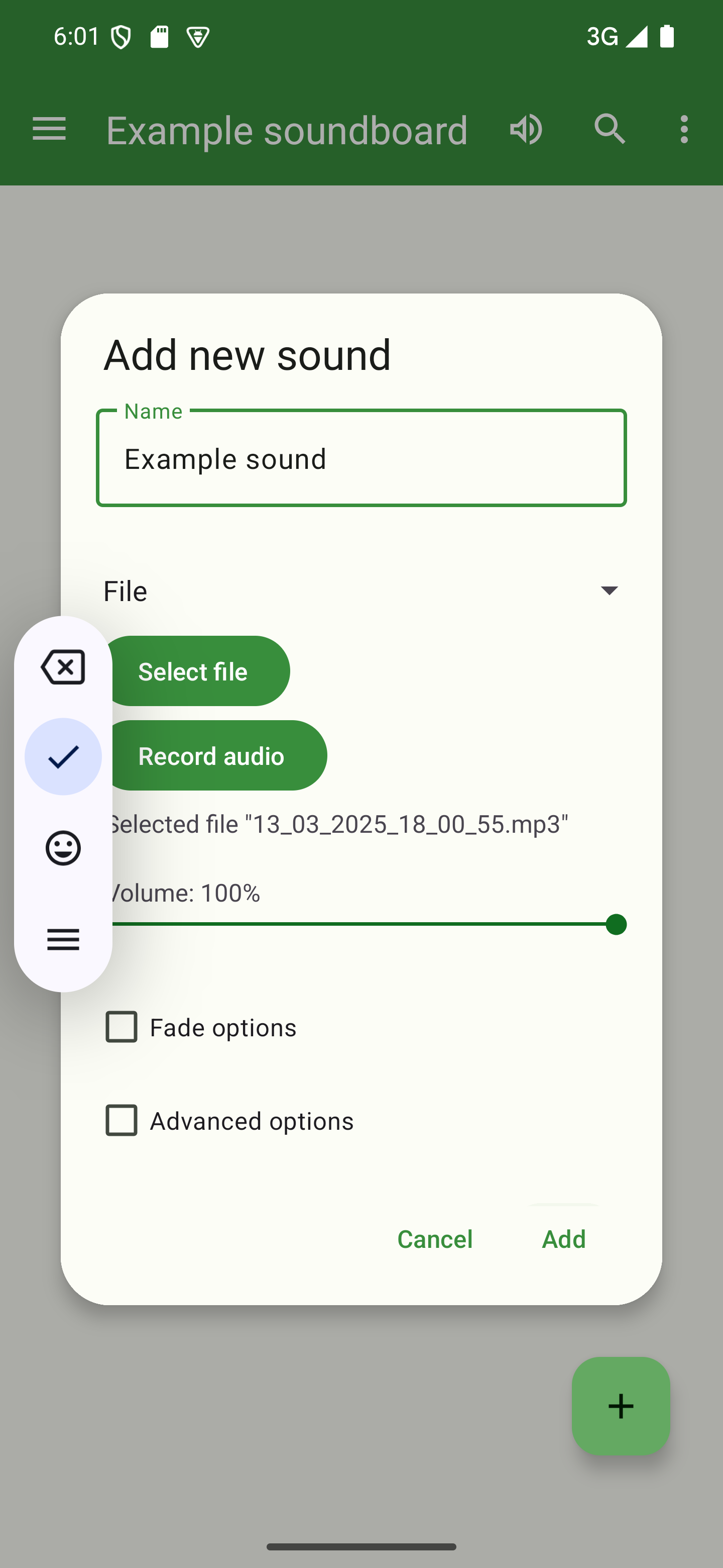 Tap "Add" to add the new sound to your soundboard A dialog to add a sound with the "Add" button pressed