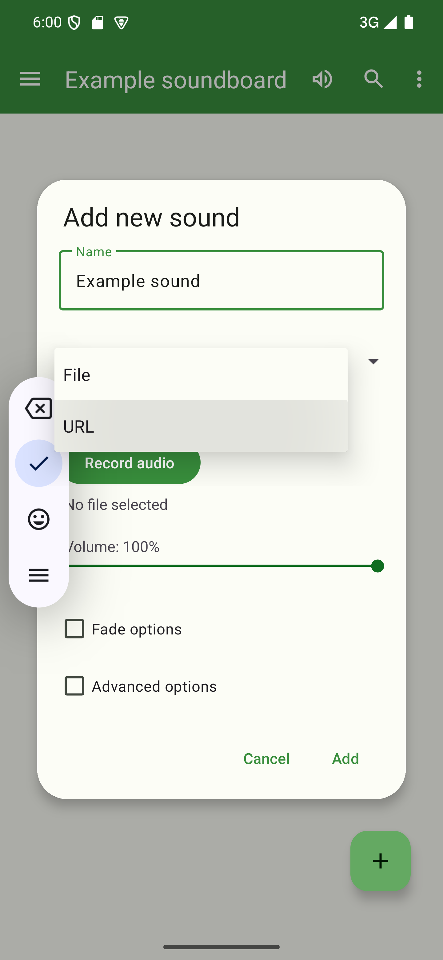 Set your sound to use a URL as the sound source A dialog to add a sound with the URL type option highlighted
