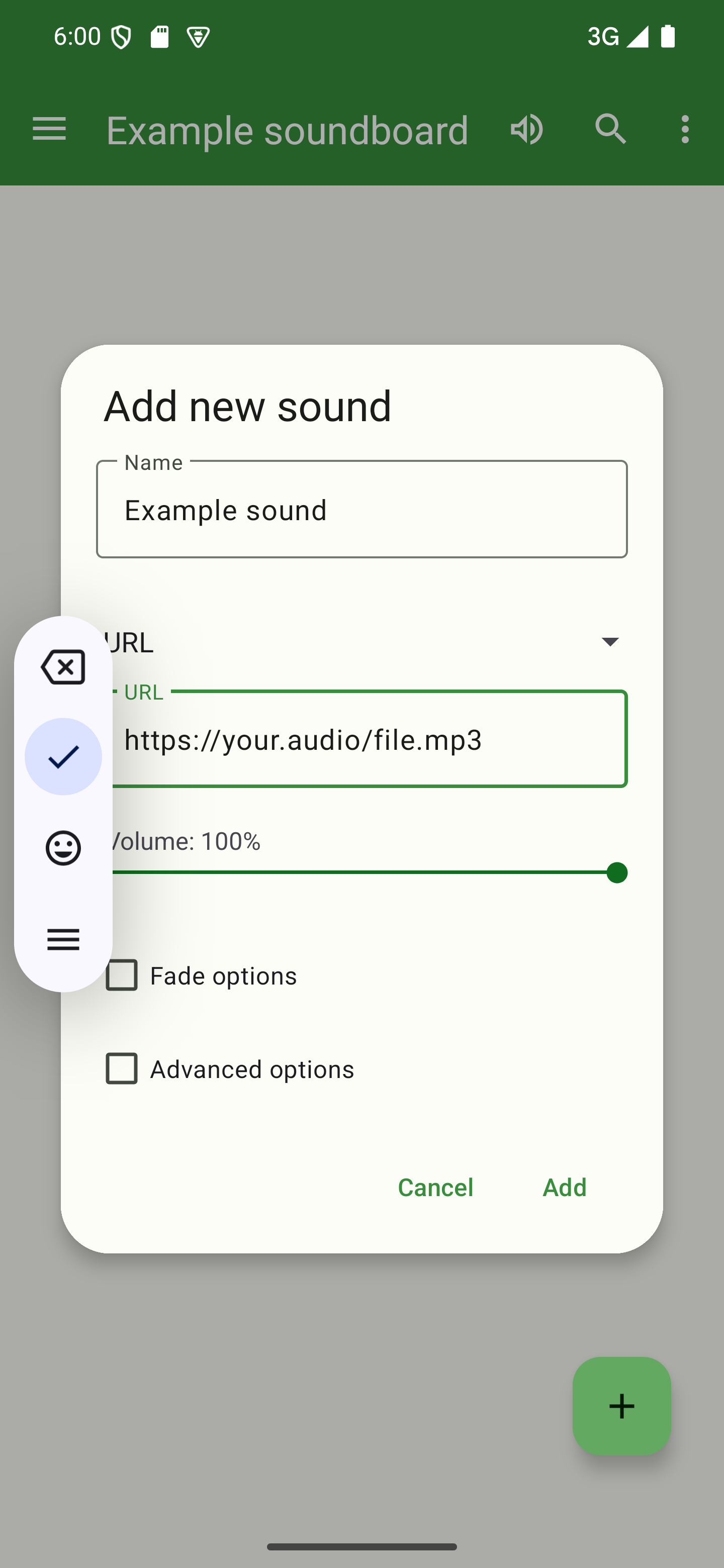 Enter the URL of your sound file A dialog to add a sound with a URL entered