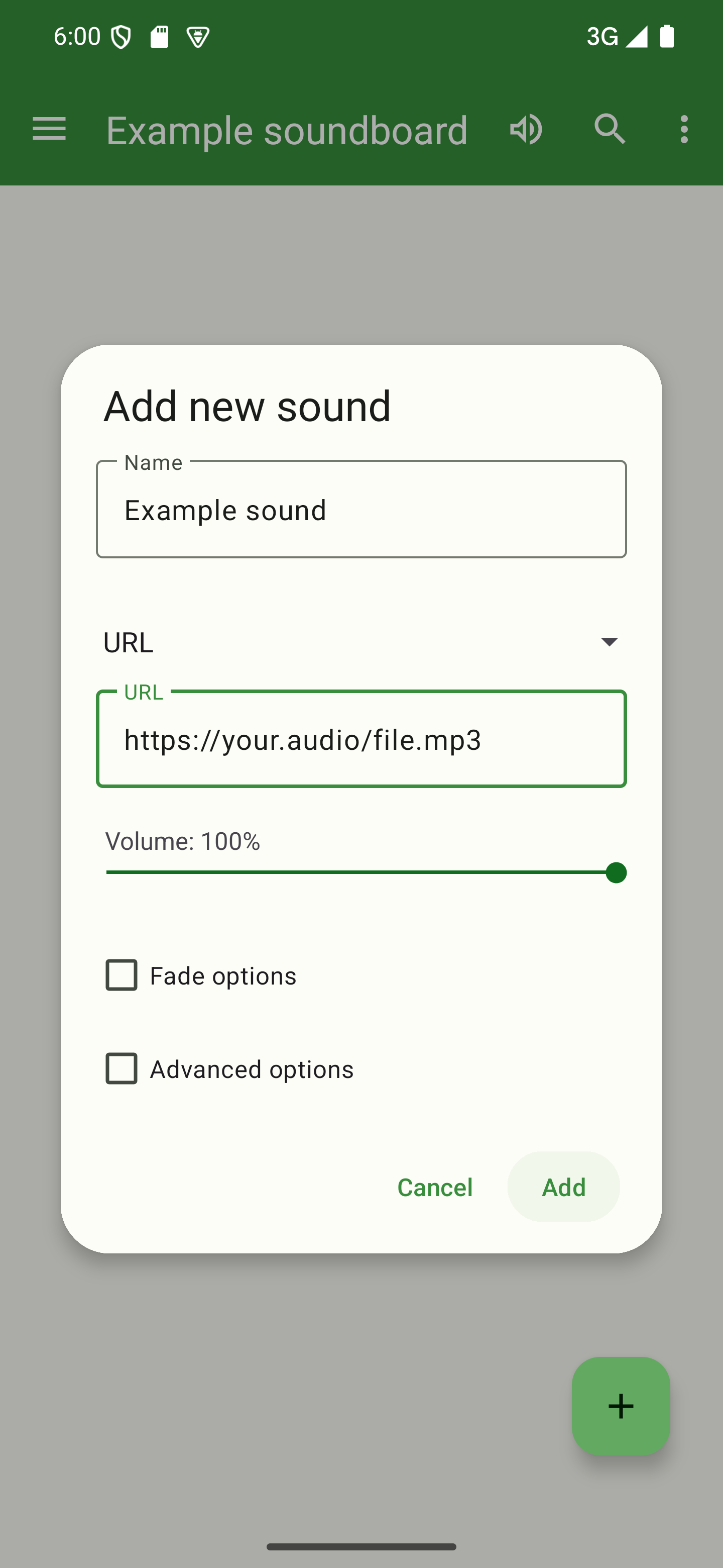 Tap "Add" to add the new sound to your soundboard A dialog to add a sound with the "Add" button pressed