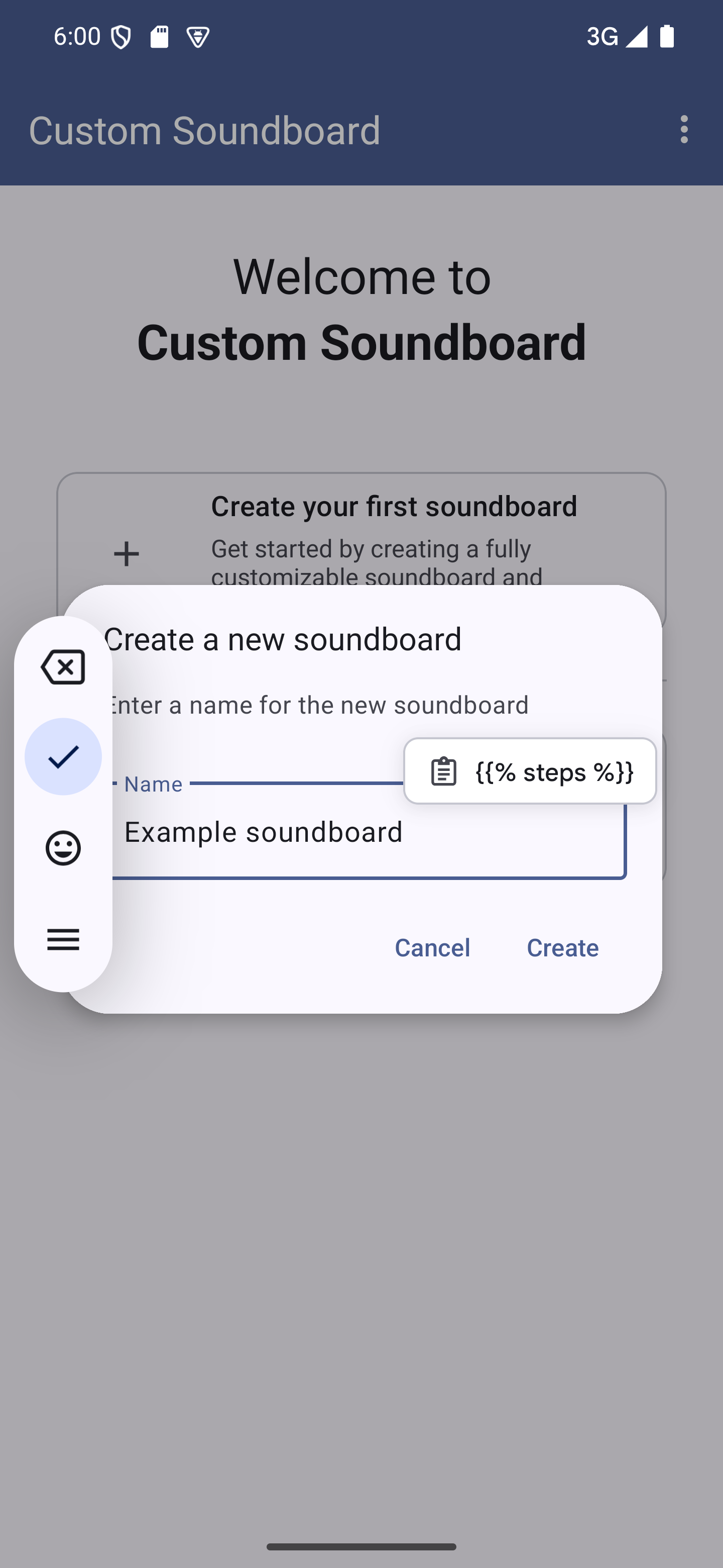 Name your soundboard using the dialog A dialog to enter the new soundboard's name