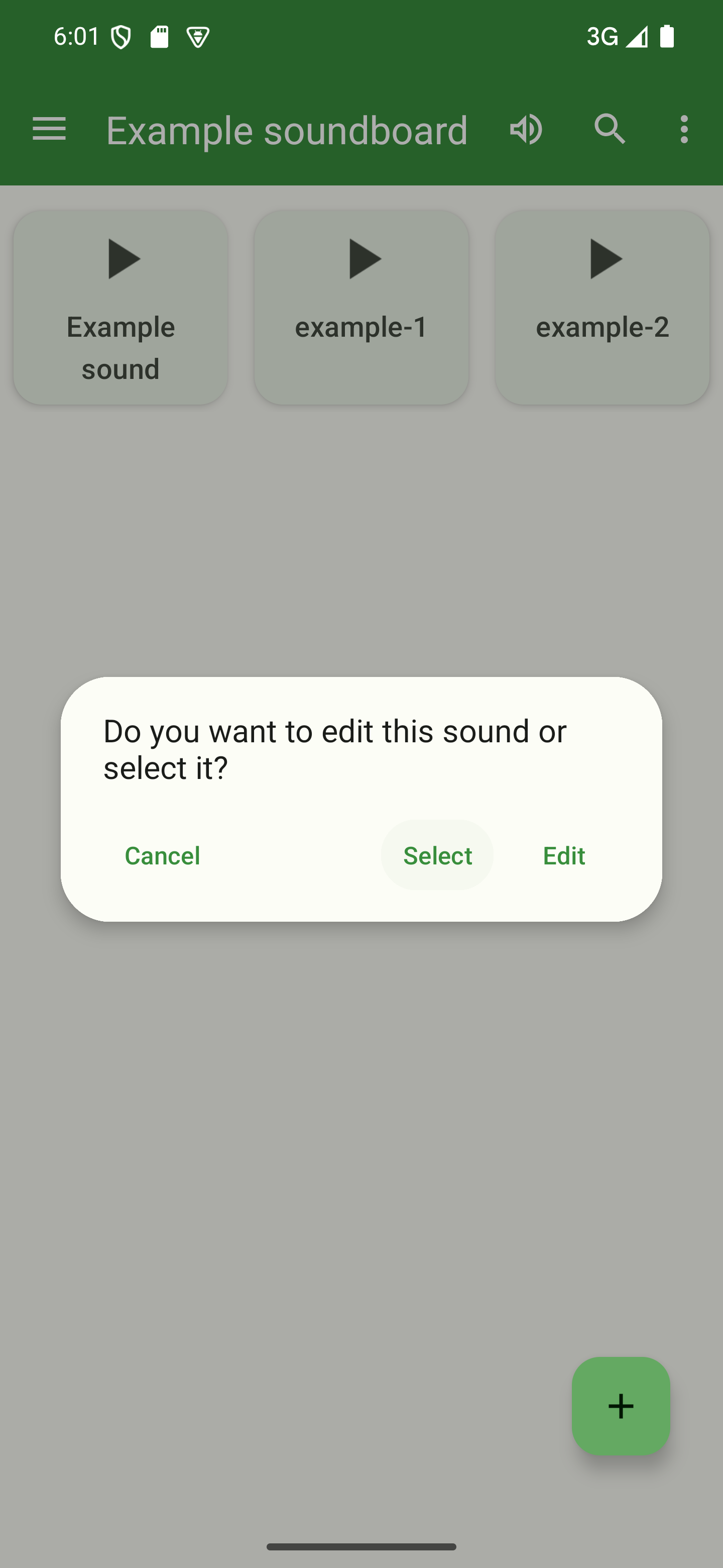 Long-press a sound you want to delete and tap "Select" in the dialog A soundboard with a dialog asking to edit or select in the foreground