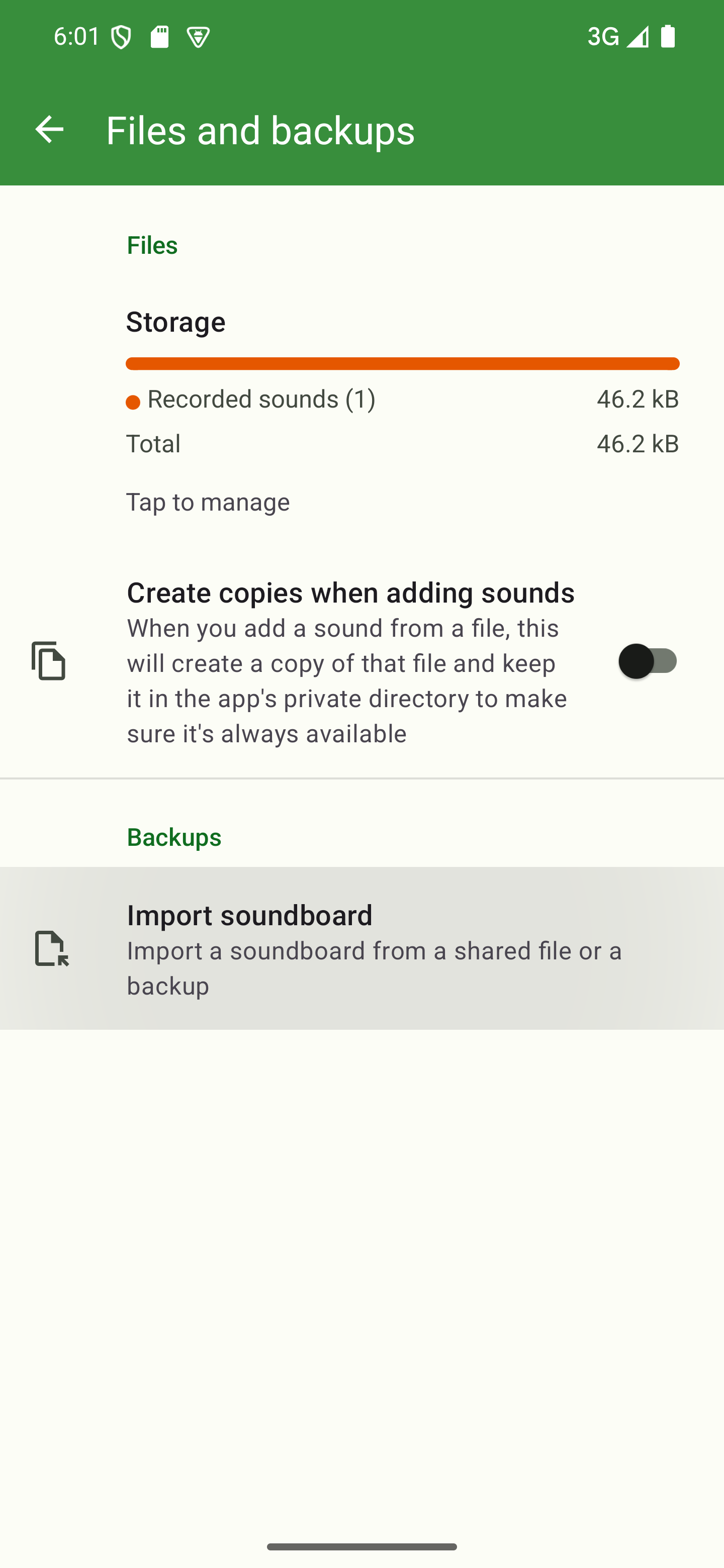 Tap "Import soundboard" and select your backup A settings screen with the "Import soundboard" button highlighted