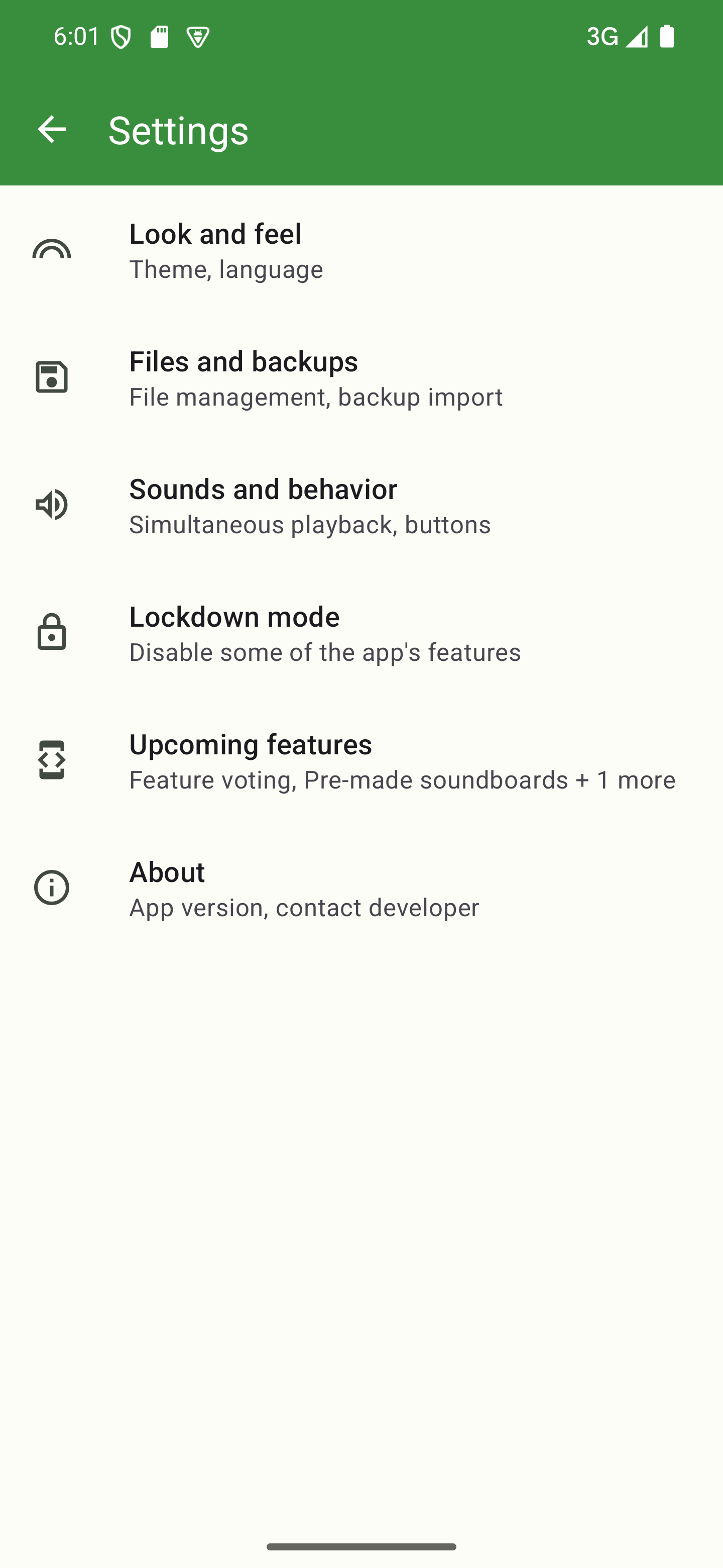 The app's settings screen The app's settings screen