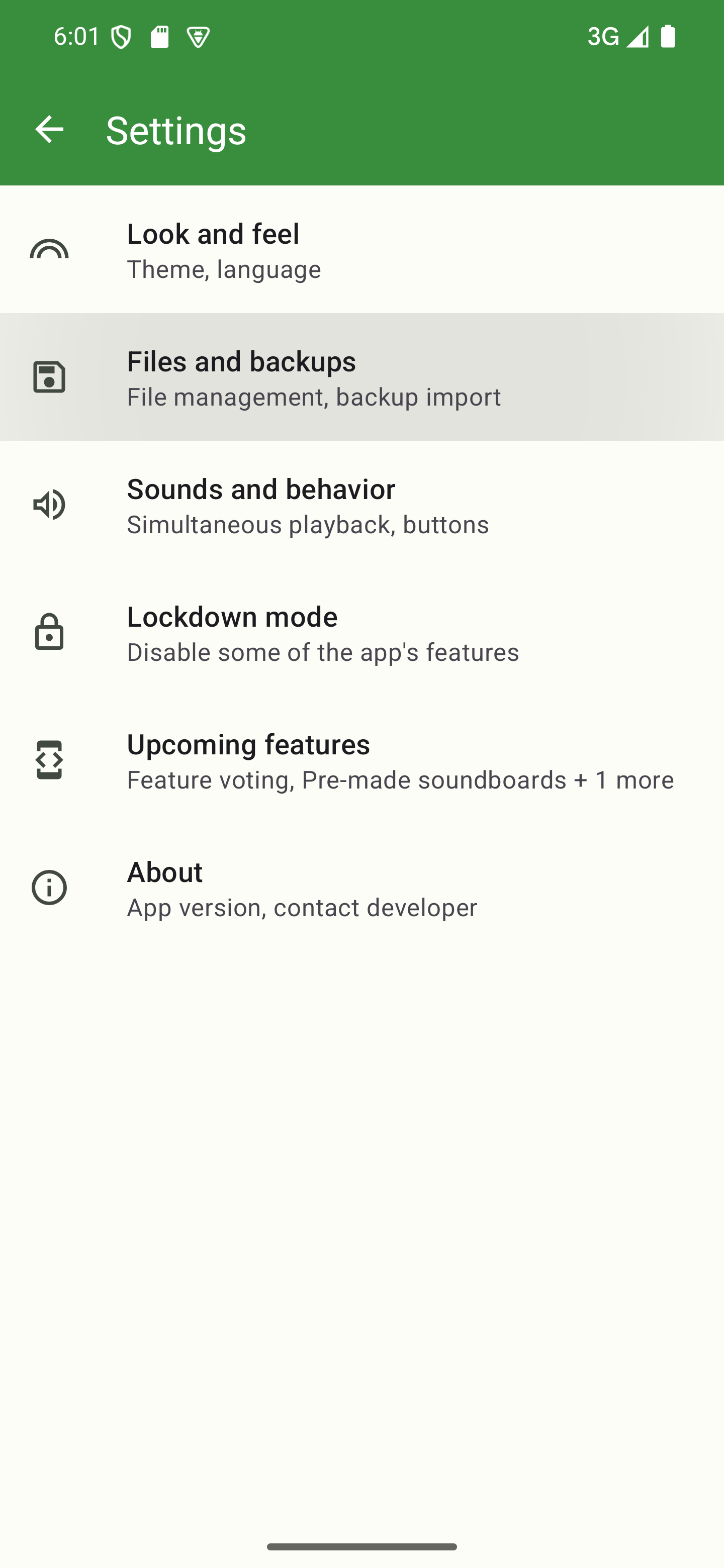 Go to "Files and backups" in the app's settings The app's settings with the "Files and backups" category highlighted