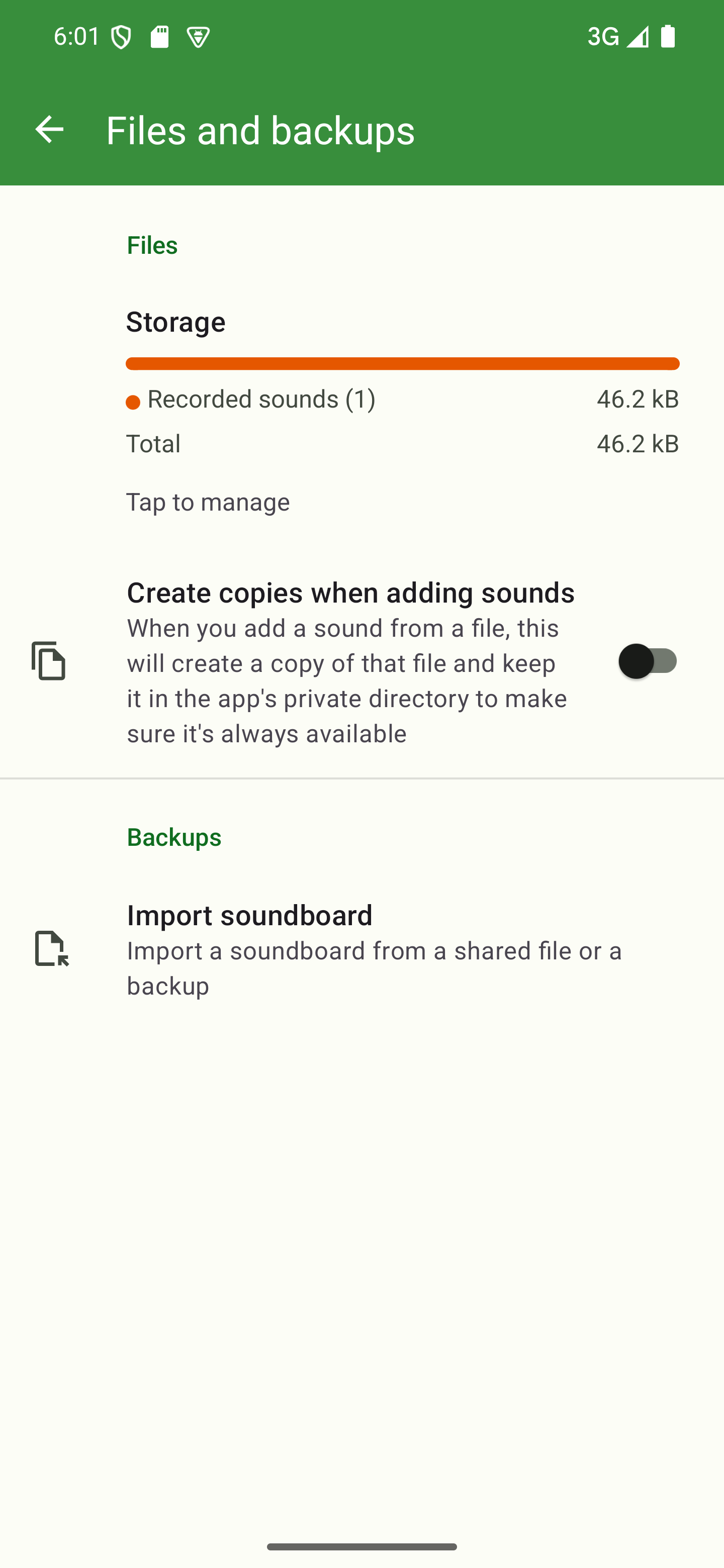 Go to "Files and backups" in the app's settings The "Files and backups" settings page