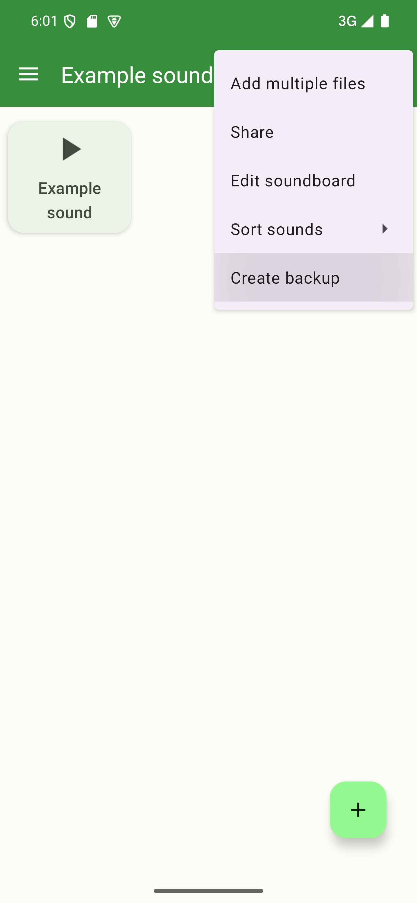 Open the options menu and choose "Create backup" The soundboard options menu with the "Create backup" option highlighted