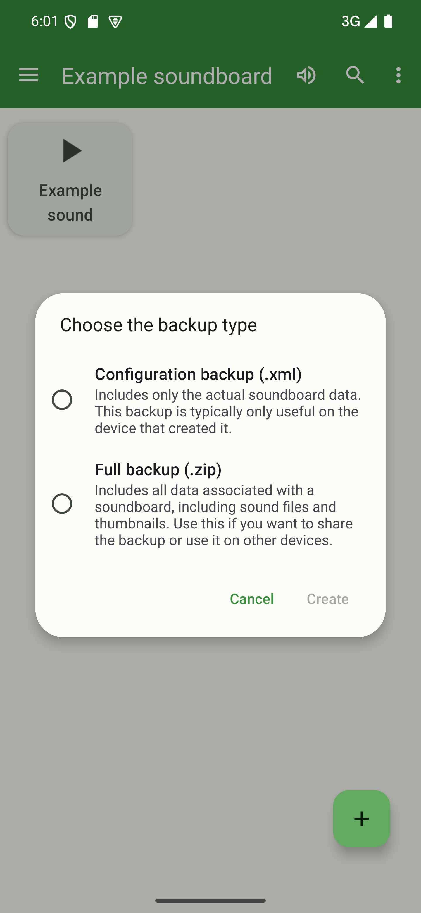 Choose the backup type and tap "Create" A dialog to select the type of backup to create